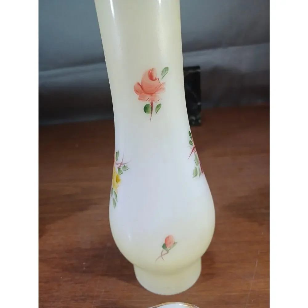 vintage Hand Paint milk glass Floral Pattern hurricane lamp chimney shade /Base